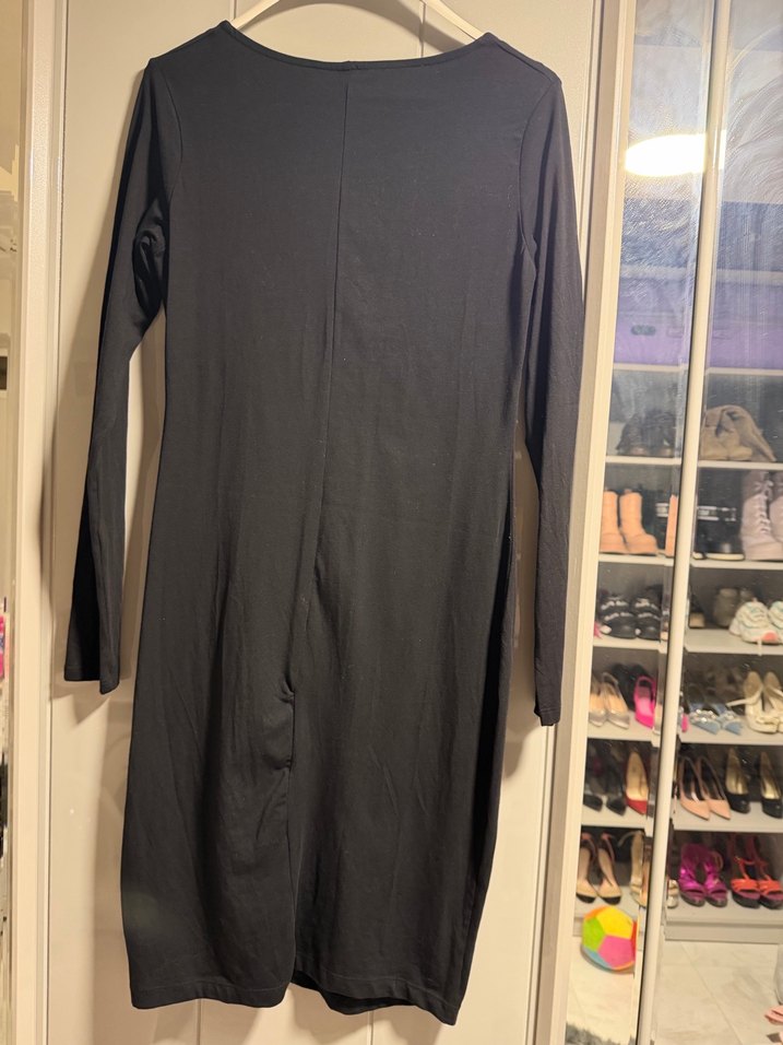 Siyah Drapeli Uzun Kollu Midi Hamile Elbisesi - Görsel 2