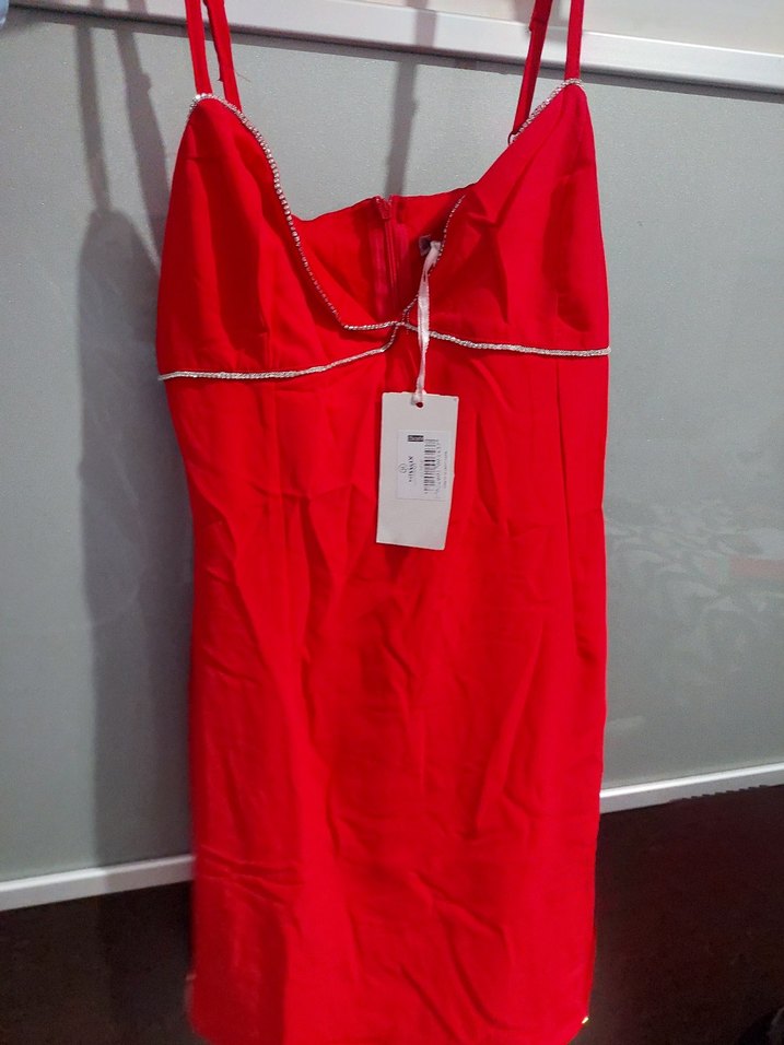 Kırmızı V Yaka Midi Kadın elbise - Görsel 2