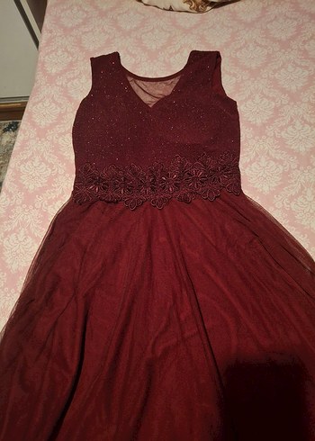 Bordo Dantel Detaylı Uzun Abiye Elbise - Görsel 2