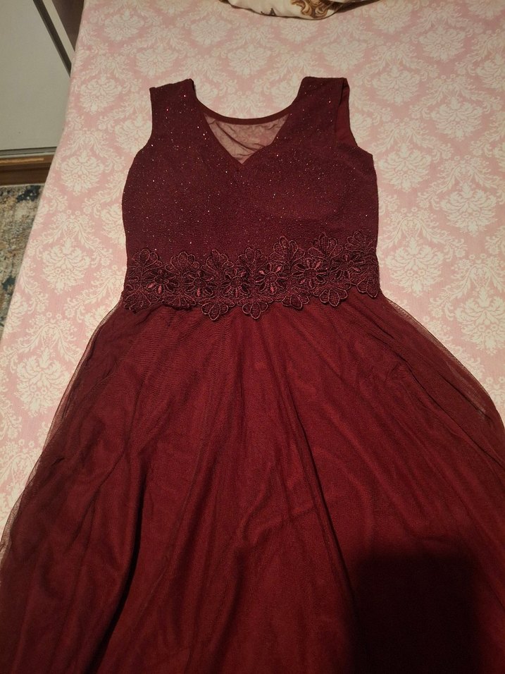 Bordo Dantel Detaylı Uzun Abiye Elbise - Görsel 2