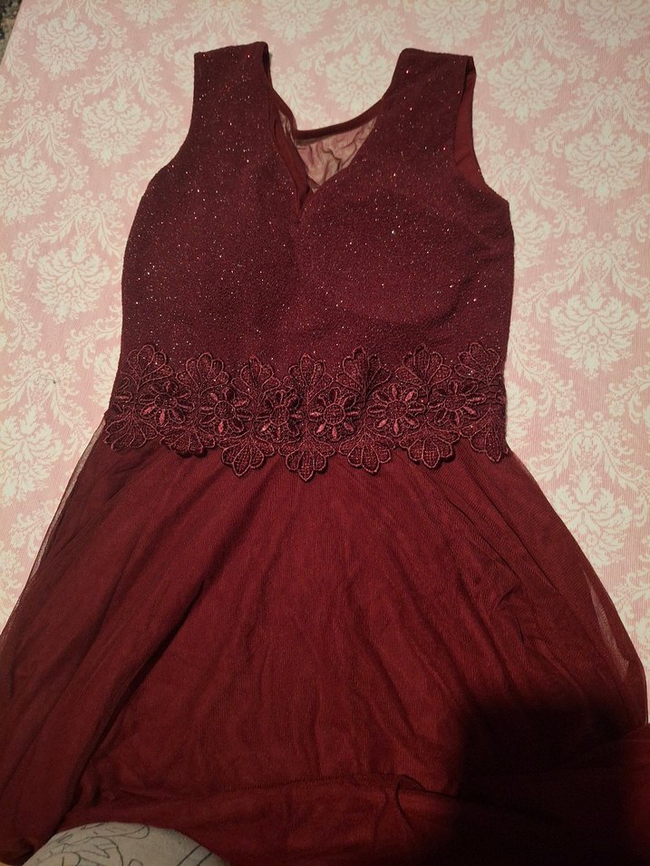 Bordo Dantel Detaylı Uzun Abiye Elbise - Görsel 3