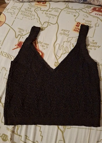 V Yaka Kahverengi Örgü Kadın Crop Top - Görsel 2