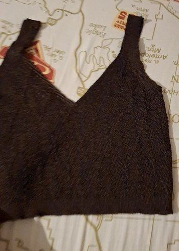 V Yaka Kahverengi Örgü Kadın Crop Top - Görsel 4