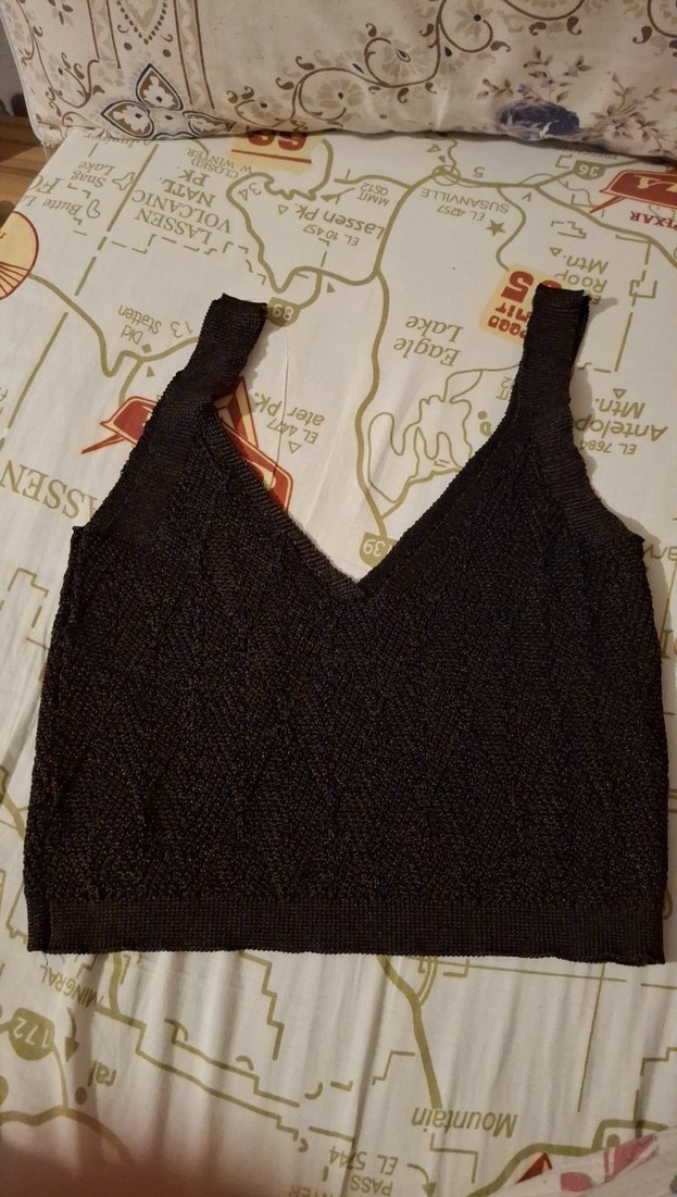 V Yaka Kahverengi Örgü Kadın Crop Top - Görsel 2