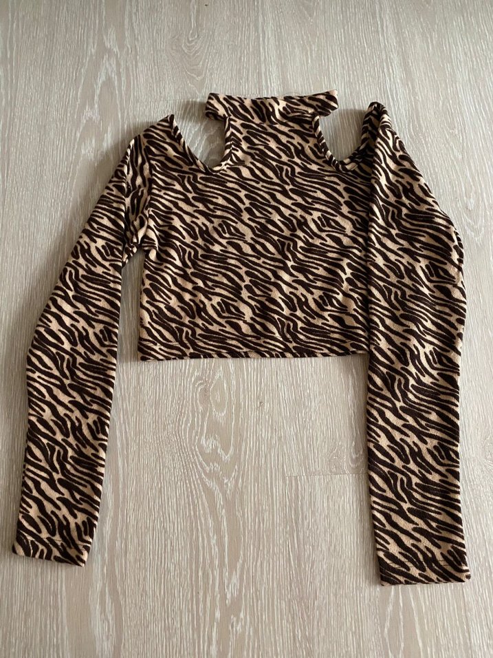 Kahverengi Zebra Desenli, Uzun Kollu Kadın Bluz - Görsel 4