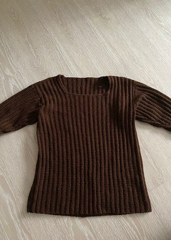 Uzun Kollu Kahverengi Örgü Kazak - Görsel 3