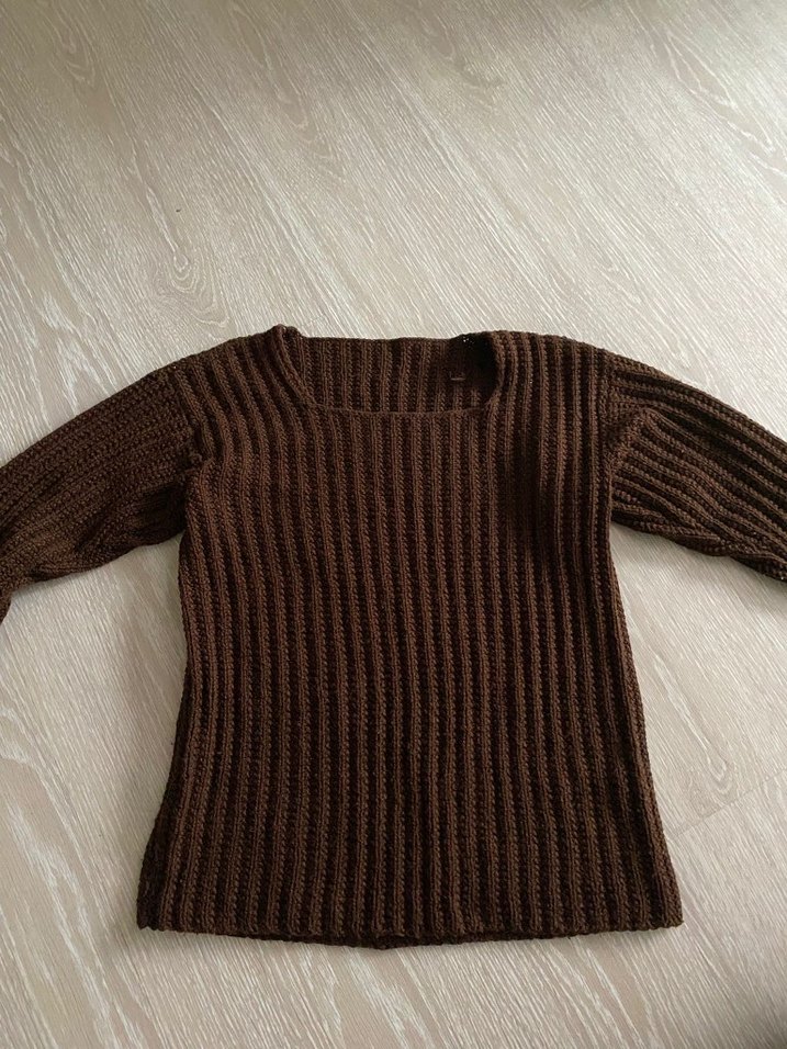 Uzun Kollu Kahverengi Örgü Kazak - Görsel 3