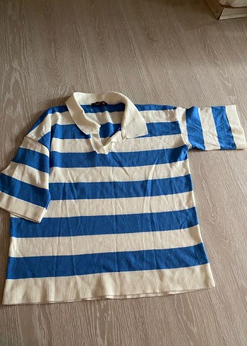 Mavi Beyaz Çizgili Kısa Kollu Kadın Triko - Görsel 3