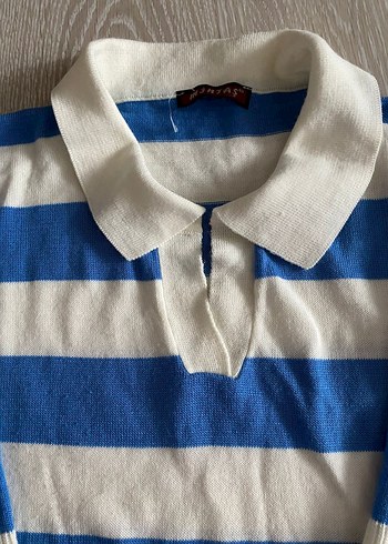 Mavi Beyaz Çizgili Kısa Kollu Kadın Triko - Görsel 2