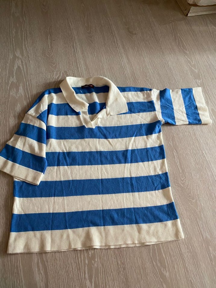 Mavi Beyaz Çizgili Kısa Kollu Kadın Triko - Görsel 3