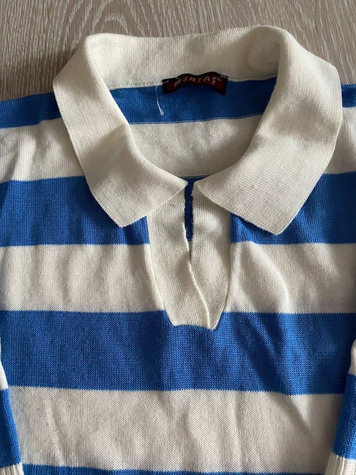 Mavi Beyaz Çizgili Kısa Kollu Kadın Triko - Görsel 2