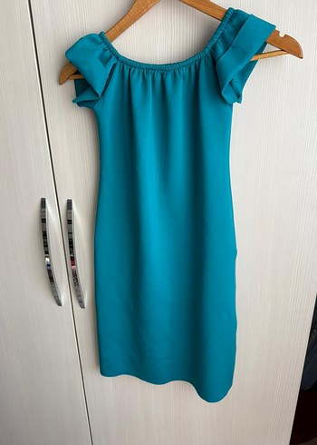 Turkuaz Drapeli Midi Kalem Elbise - Görsel 3