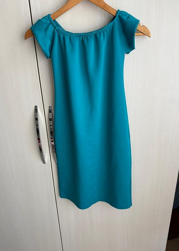 Turkuaz Drapeli Midi Kalem Elbise - Görsel 2