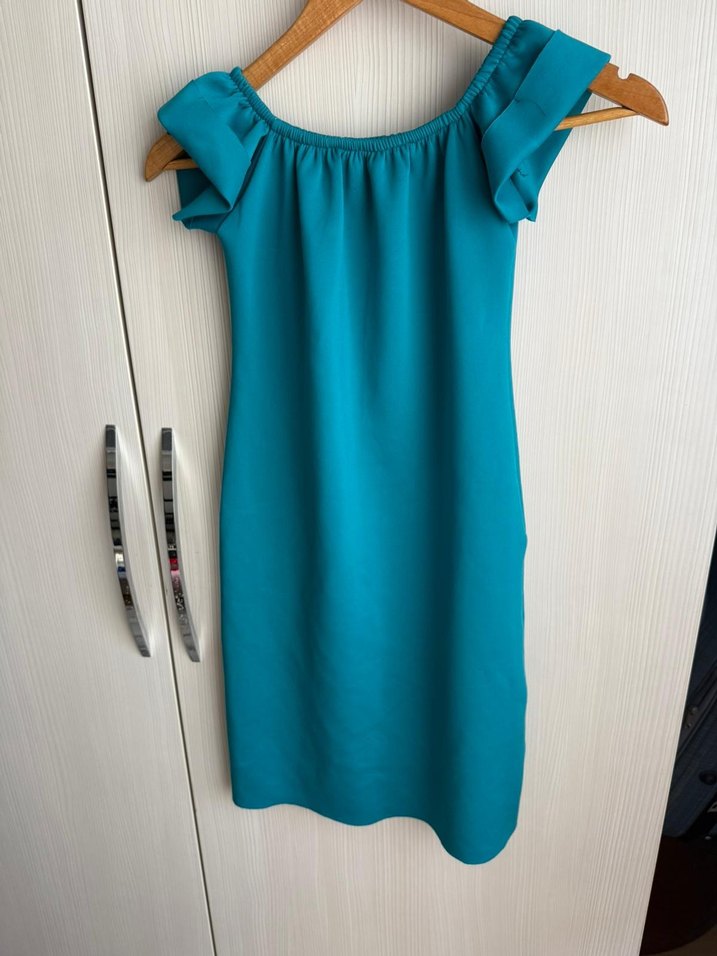 Turkuaz Drapeli Midi Kalem Elbise - Görsel 3