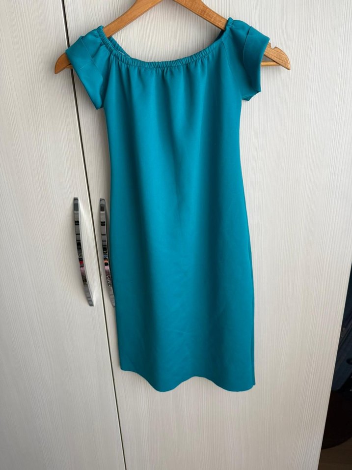 Turkuaz Drapeli Midi Kalem Elbise - Görsel 2