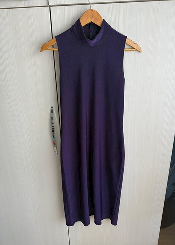 Mor Yüksek Yaka Kolsuz Midi Elbise - Görsel 2