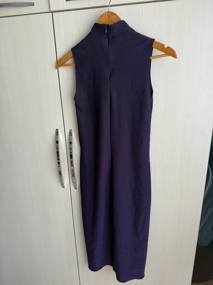 Mor Yüksek Yaka Kolsuz Midi Elbise - Görsel 4