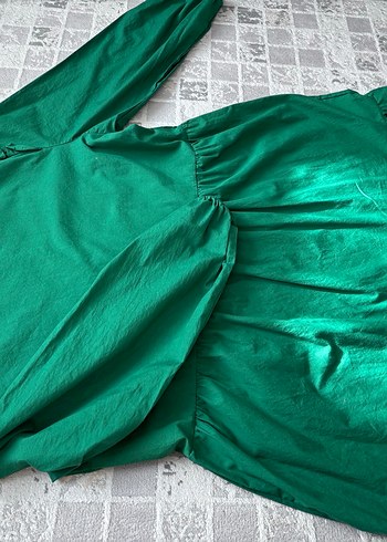 Yeşil V Yaka Uzun Salaş Elbise - Görsel 5