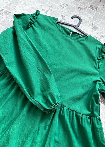 Yeşil V Yaka Uzun Salaş Elbise - Görsel 7