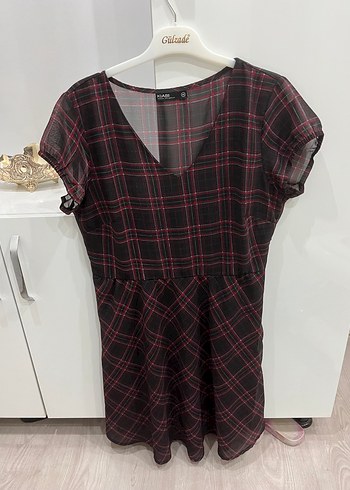 Bordo Ekoseli Kısa Kollu Mini Elbise