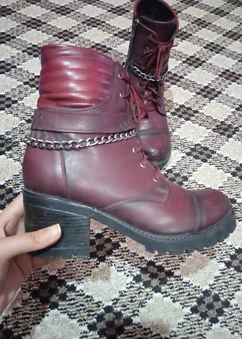 Bordo Deri Tokalı Kadın Bot - Görsel 2