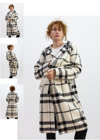 Ekose Desenli Uzun Kadın Kaban - Görsel 3