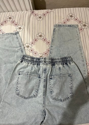 36 Beden Mavi Beli Lastikli Bağcıklı Mom Jean