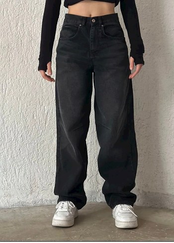 Siyah Bol Kesim Midi Kot Pantolon