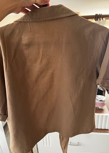 Bej Düğmeli Keten Kadın Gömlek - Görsel 2