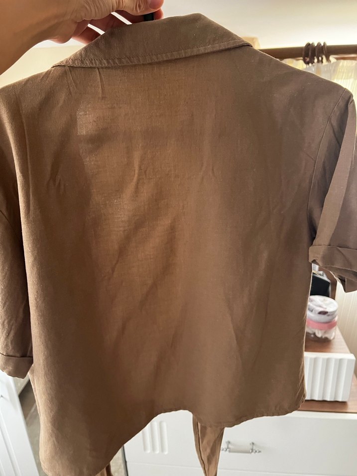 Bej Düğmeli Keten Kadın Gömlek - Görsel 2