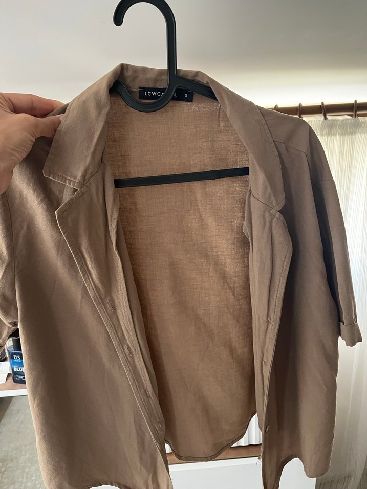 Bej Düğmeli Keten Kadın Gömlek - Görsel 3