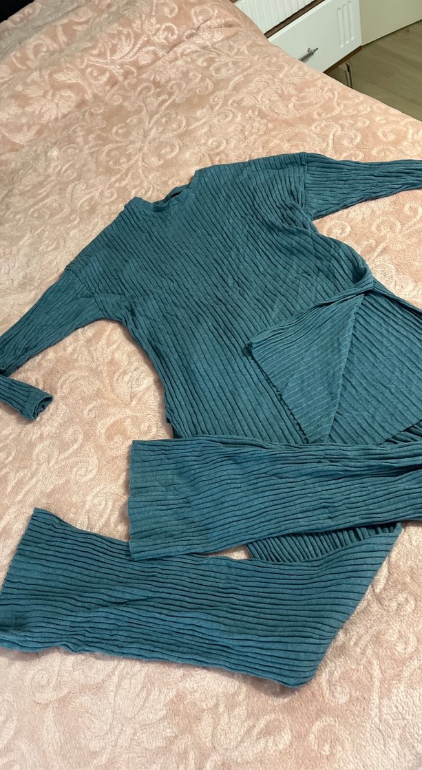 Mint yeşili Uzun Kollu Pilili Kadın triko takım - Görsel 2