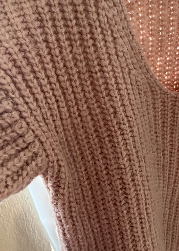 V Yaka Kahverengi Örgü Kadın Kazak - Görsel 2