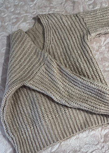 V Yaka Kahverengi Örgü Kadın Kazak - Görsel 4