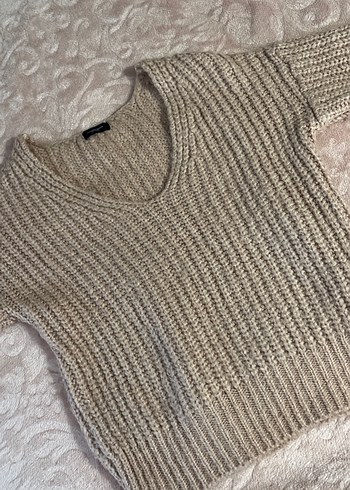 V Yaka Kahverengi Örgü Kadın Kazak - Görsel 3