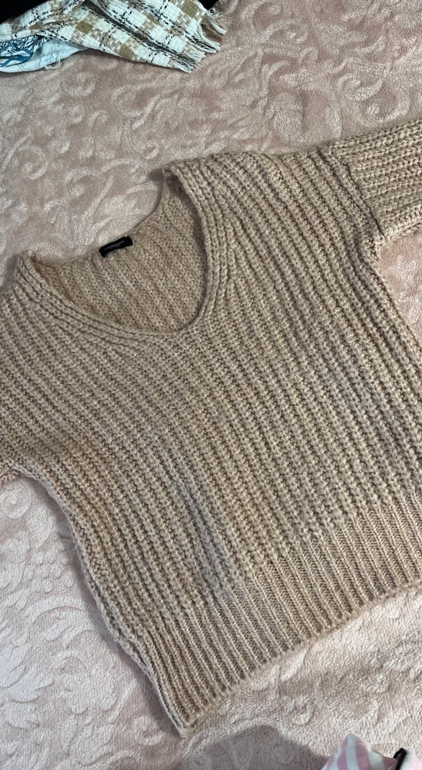 V Yaka Kahverengi Örgü Kadın Kazak - Görsel 3