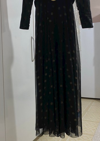 Tasarım Kemerli Siyah Puantiyeli Uzun Elbise - Görsel 3