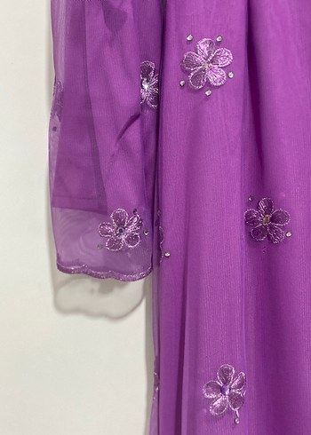 Tasarım Mor Nakışlı Boncuk İşlemeli Uzun Elbise - Görsel 4