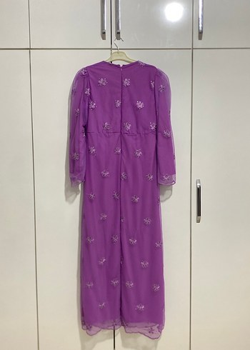 Tasarım Mor Nakışlı Boncuk İşlemeli Uzun Elbise - Görsel 7