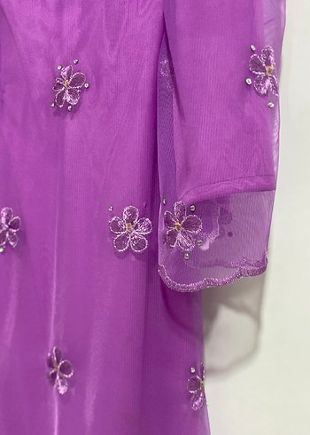 Tasarım Mor Nakışlı Boncuk İşlemeli Uzun Elbise - Görsel 9