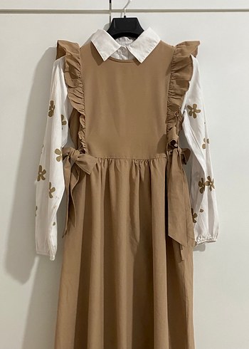 Bej Keten Fırfırlı Uzun Elbise - Görsel 3