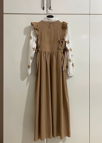 Bej Keten Fırfırlı Uzun Elbise - Görsel 6