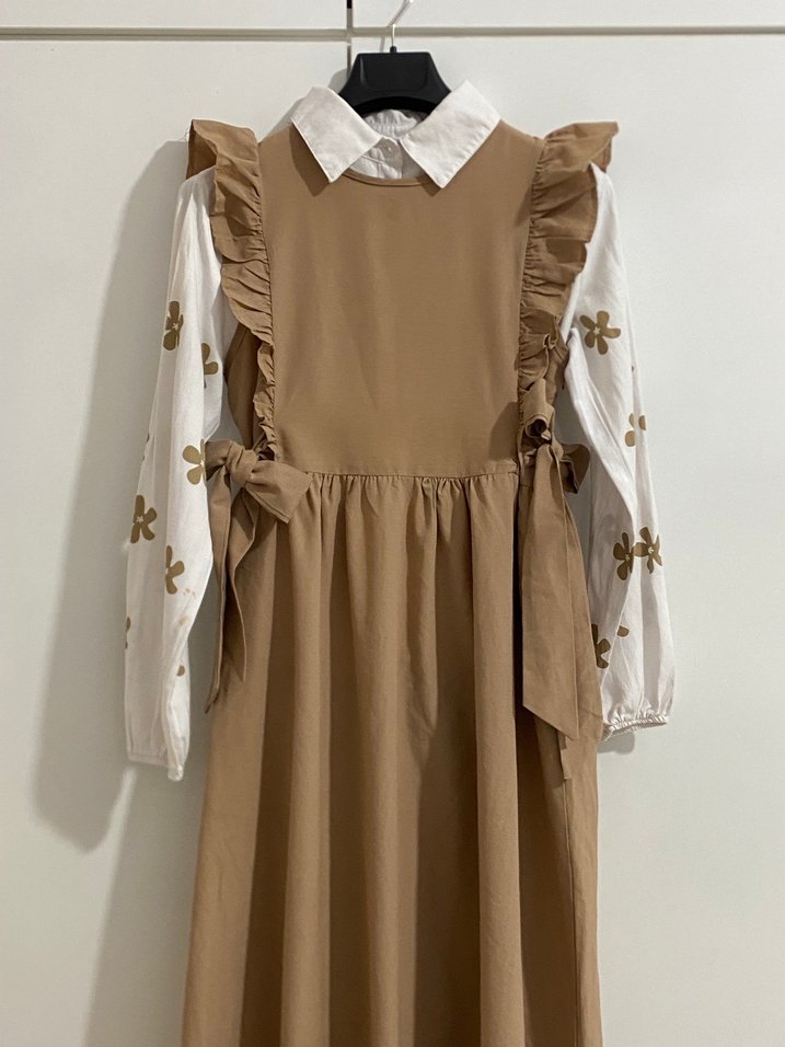 Bej Keten Fırfırlı Uzun Elbise - Görsel 3