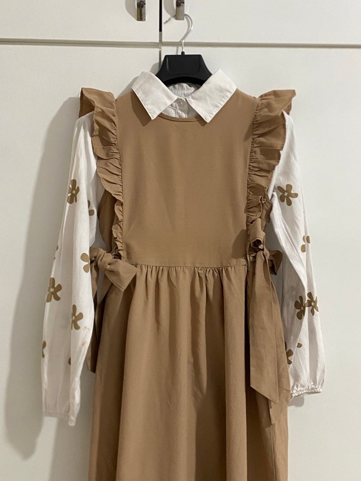 Bej Keten Fırfırlı Uzun Elbise - Görsel 2