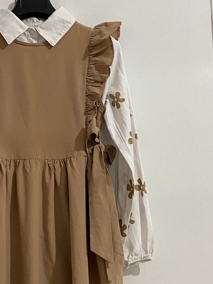 Bej Keten Fırfırlı Uzun Elbise - Görsel 4