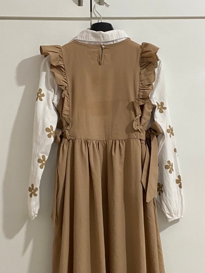 Bej Keten Fırfırlı Uzun Elbise - Görsel 5