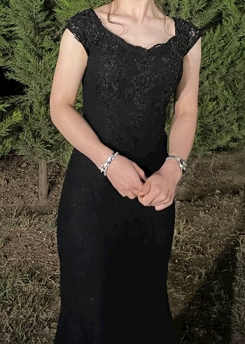 Dantel Detaylı Siyah uzun Elbise