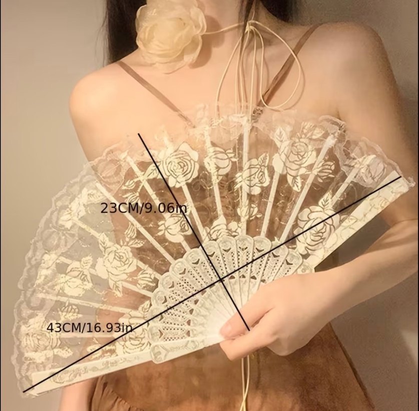 Bej Dantel İşlemeli Katlanabilir Yelpaze - Görsel 2