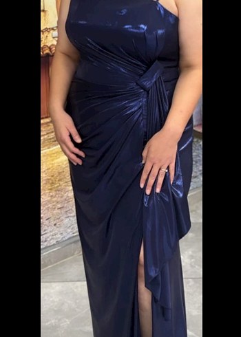 Lacivert Drapeli Uzun Straplez Abiye Elbise - Görsel 2