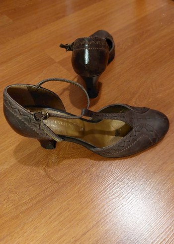 VİNTAGE Kahverengi Deri Kemerli Dolgu Topuklu Kadın Ayakkabı - Görsel 5